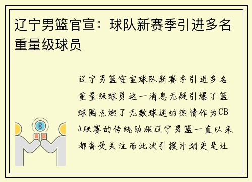 辽宁男篮官宣:球队新赛季引进多名重量级球员