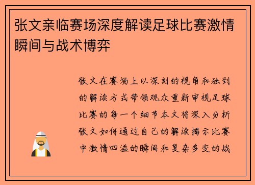 张文亲临赛场深度解读足球比赛激情瞬间与战术博弈