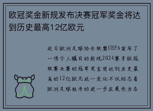 欧冠奖金新规发布决赛冠军奖金将达到历史最高12亿欧元