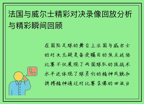 法国与威尔士精彩对决录像回放分析与精彩瞬间回顾
