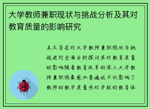 大学教师兼职现状与挑战分析及其对教育质量的影响研究