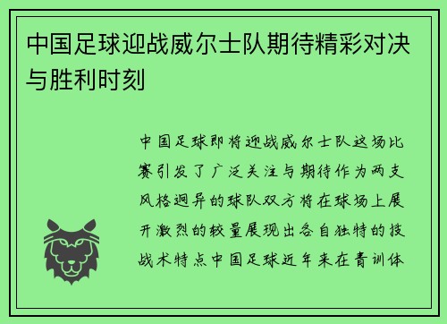 中国足球迎战威尔士队期待精彩对决与胜利时刻