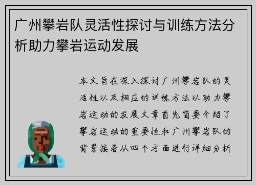 广州攀岩队灵活性探讨与训练方法分析助力攀岩运动发展