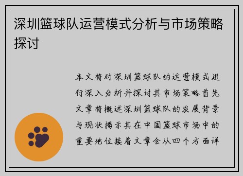 深圳篮球队运营模式分析与市场策略探讨